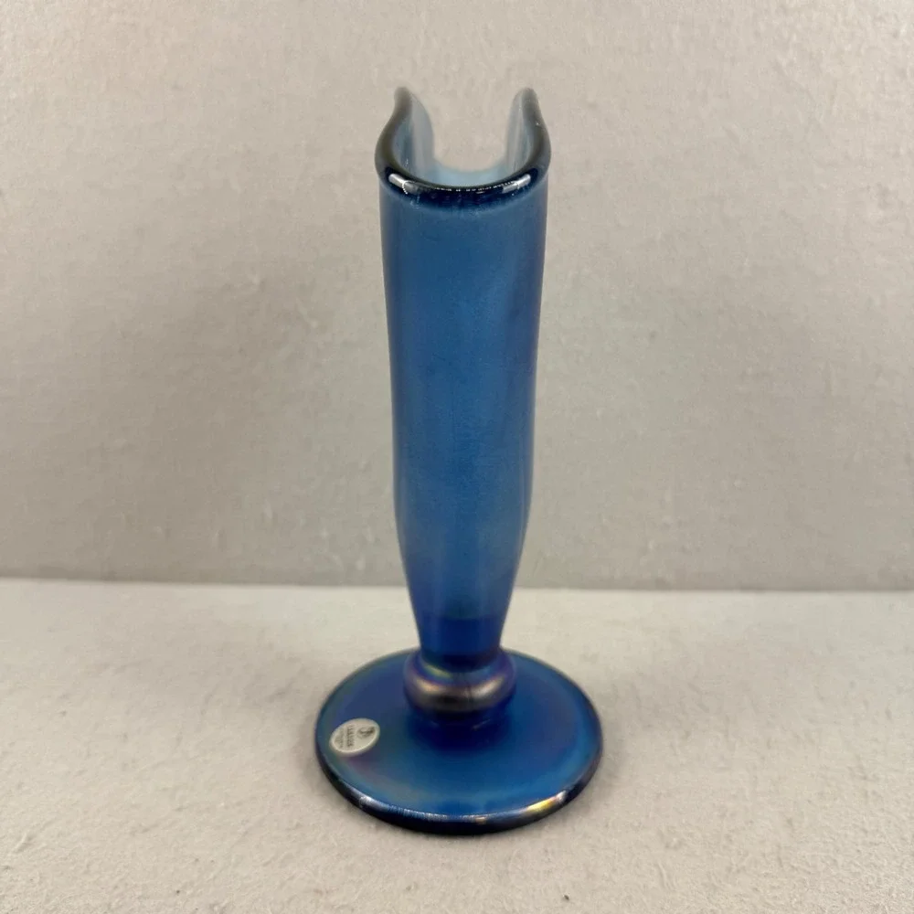 Fenton MMA Blue Satin Iridescent Stretch‎ Glass Fan Vase Handmade in USA 8 Inch